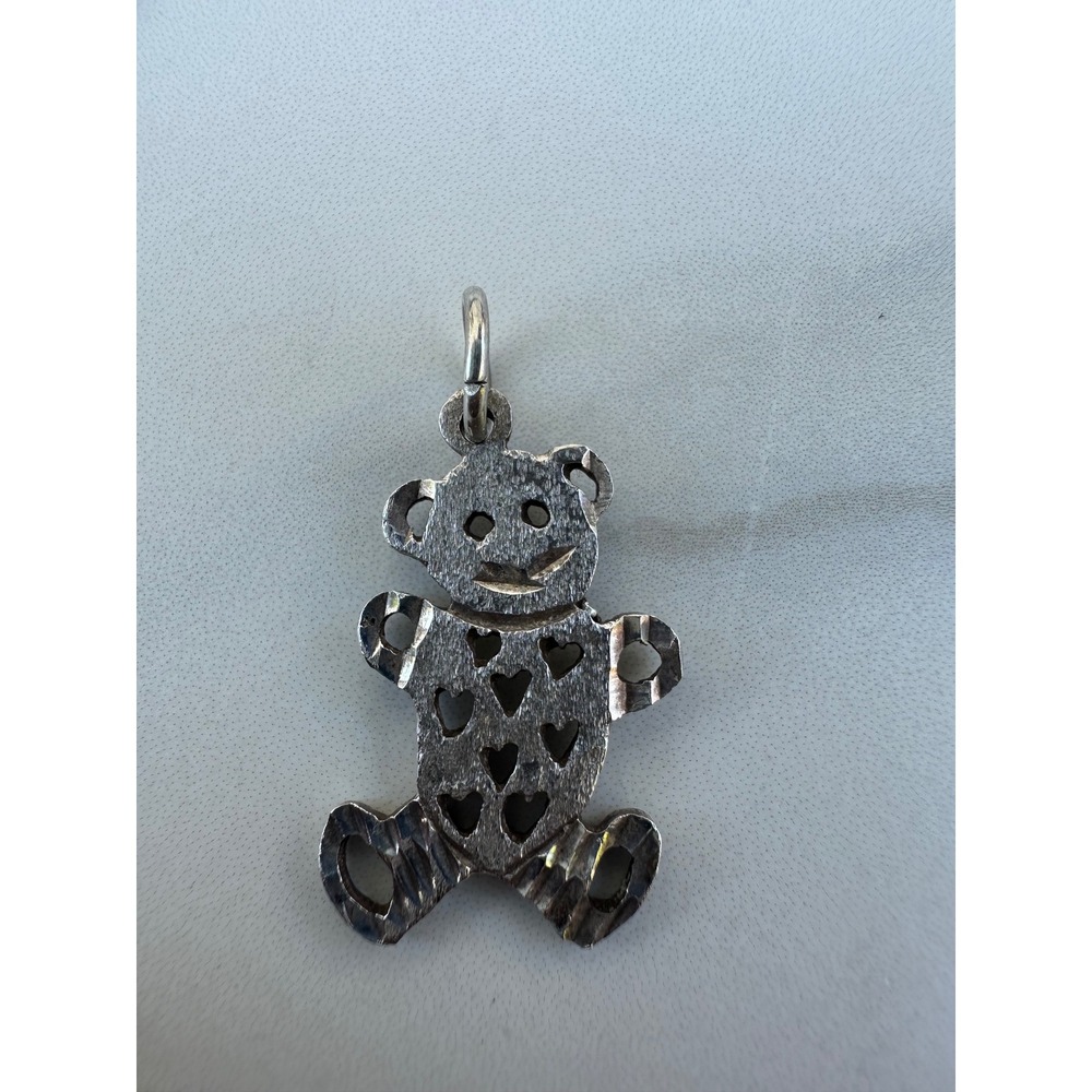 Teddy Bear Heart Cutout Pendant 925 Textured Charm 2.46g Sterling‎ Silver